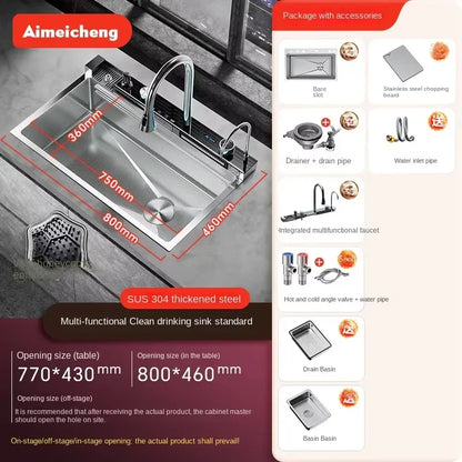Digital fly rain waterfall sink embossed stainless steel large single sink kitchen black washbasin