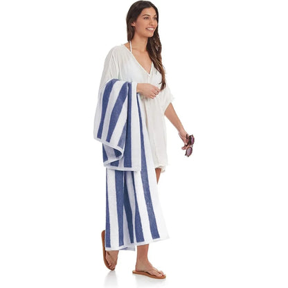 2PCS 100% Cotton Cabana Stripe Beach Towels – 30x60", Soft & Absorbent (Navy Blue)