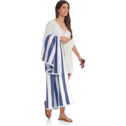 2PCS 100% Cotton Cabana Stripe Beach Towels – 30x60", Soft & Absorbent (Navy Blue)
