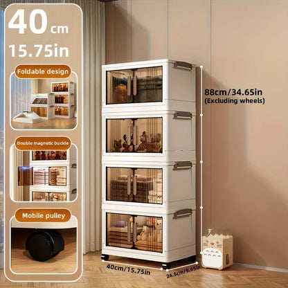4/5-Tier Heavy-Duty Plastic Folding Storage Cabinet with Lid - Foldable & Stackable Shelving Unit, Wheeled Container