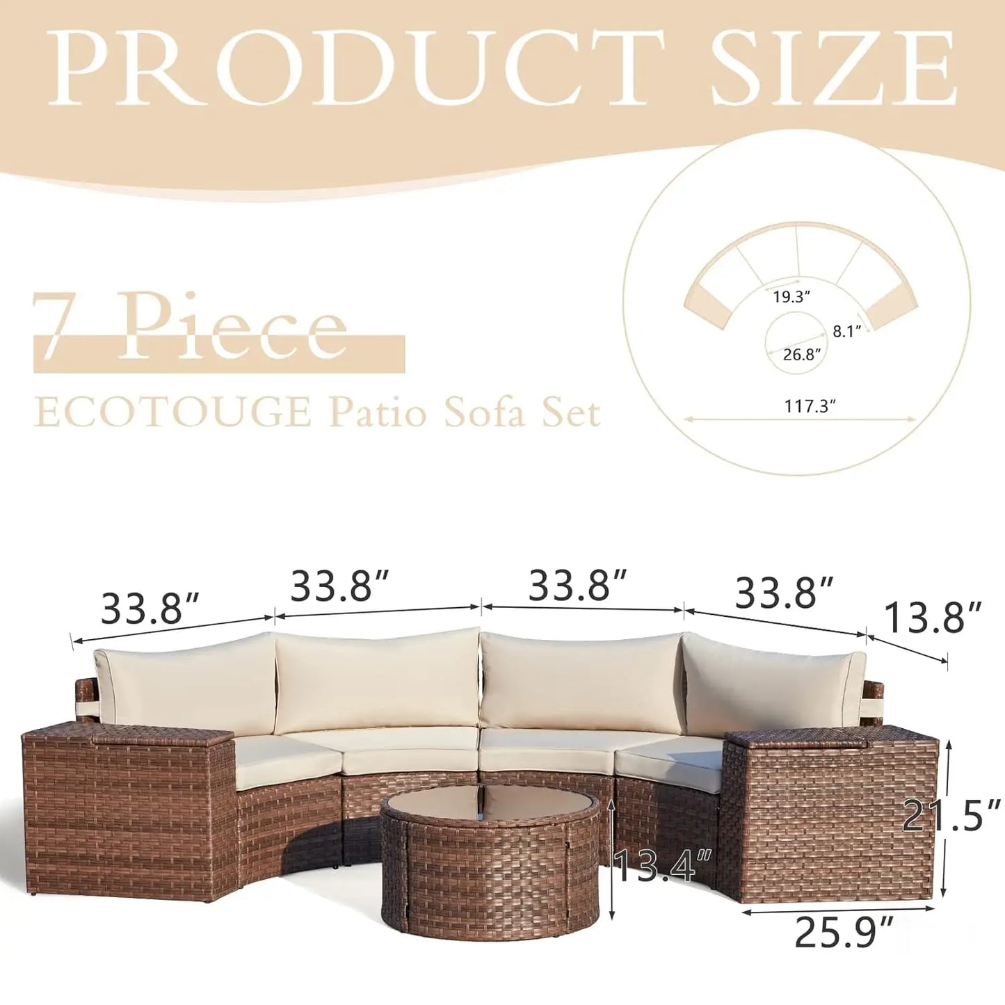 7pc Half-Moon Curved Wicker Patio Sectional Sofa Set with Storage & Glass Table