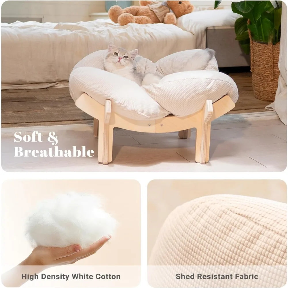 Elevated Cat Bed Wooden With Cushion Fluffy Pet Couch Sofa For Indoor Cats Raised Kitty Lounge Chair
