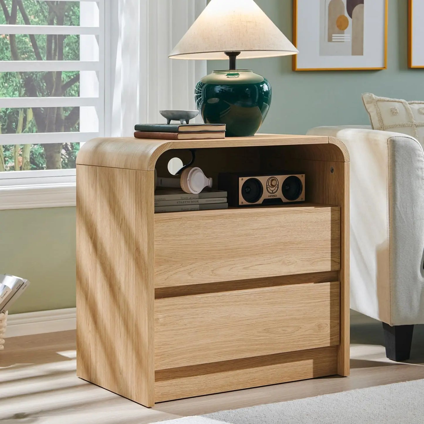 25" Tall Modern Nightstand 23.6'' Wide Wood Bedside Table w/2 Storage Drawers, Charging Station
