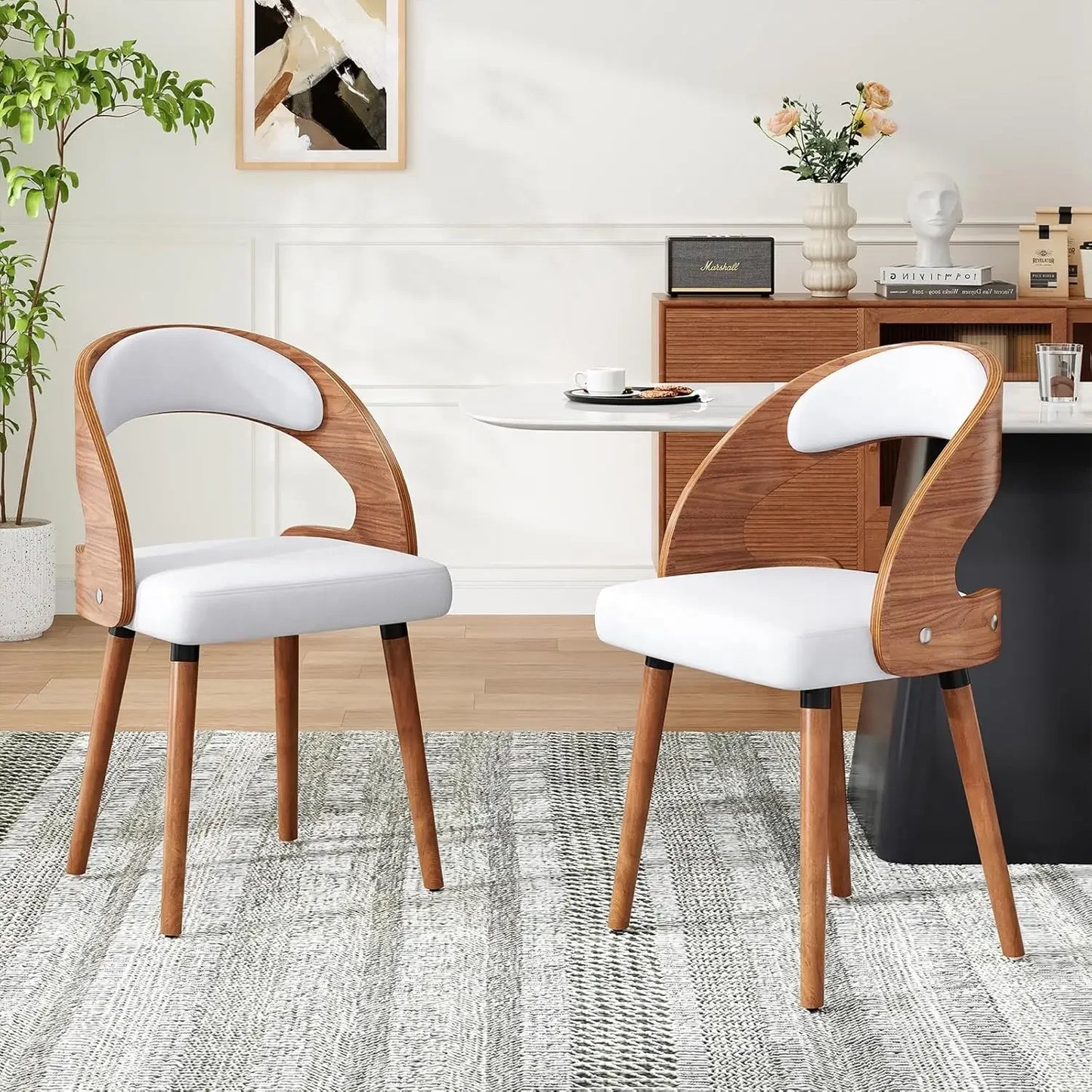Modern Wood Dining Chairs Set of 4 Upholstered with Curved Backrest for Kitchen Dining Room Living Room