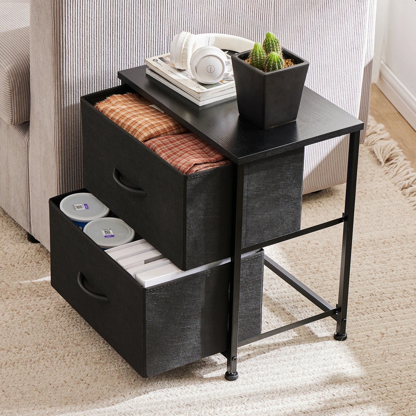 JHK Nightstand Bedside Coffee Sofa Tea Table Storage Closet Chest Clothes Display For Bedroom 2 Fabric Drawers