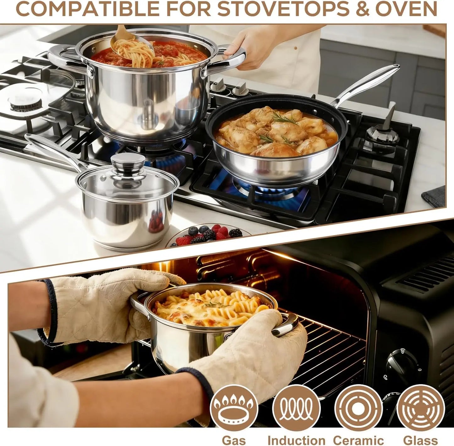15-Piece Stainless Steel Cookware Set - Nonstick Pots & Pans with Lids, Induction Safe, Oven Compatible