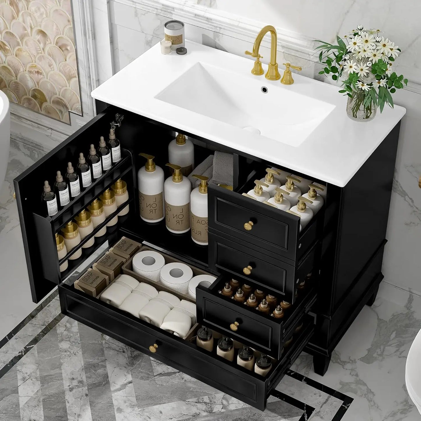36" Free Standing Bathroom Vanity with Sink, Tip-Out Drawer & 3 Drawers & 2 Doors, Wood Cabinet with Ceramic Basin