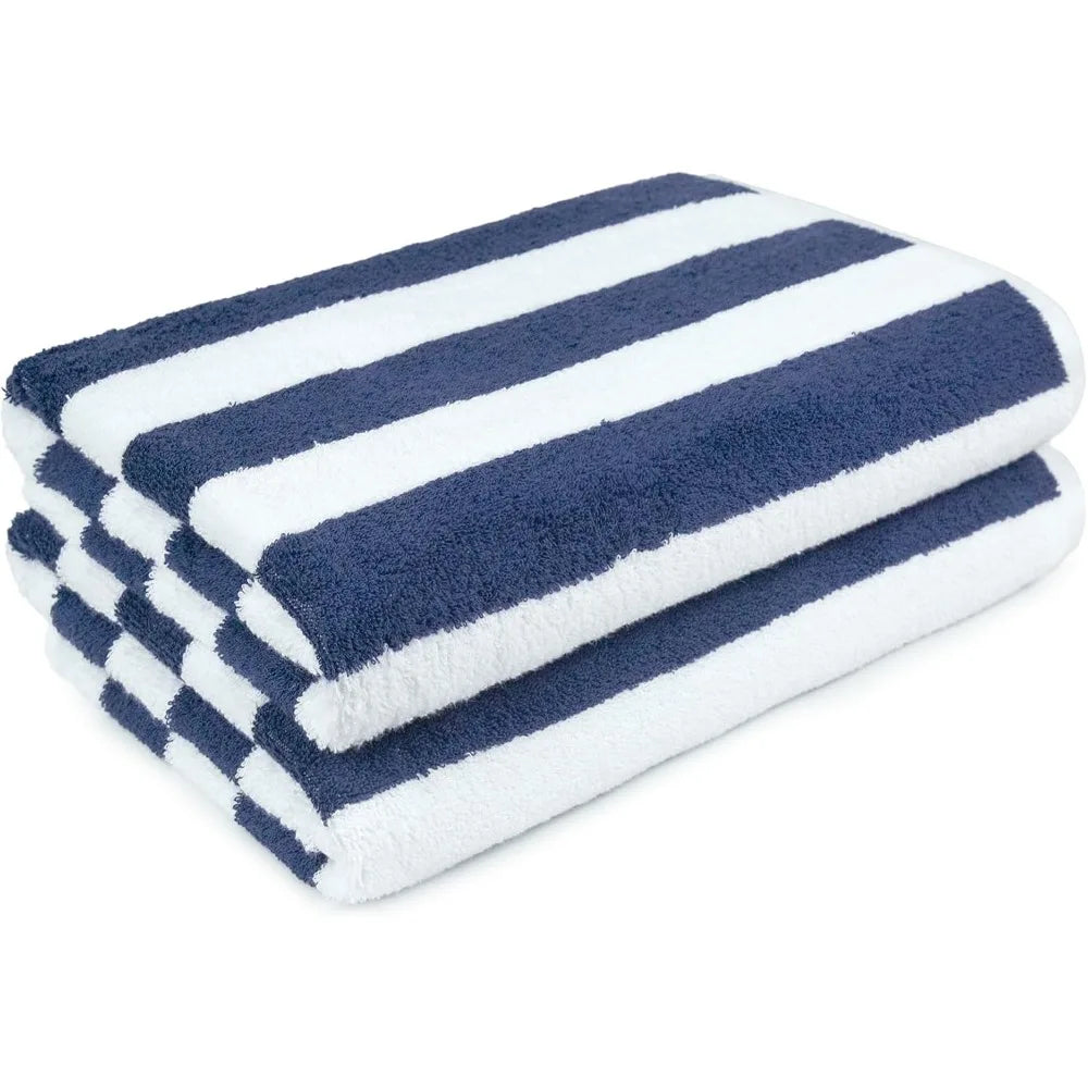 2PCS 100% Cotton Cabana Stripe Beach Towels – 30x60", Soft & Absorbent (Navy Blue)