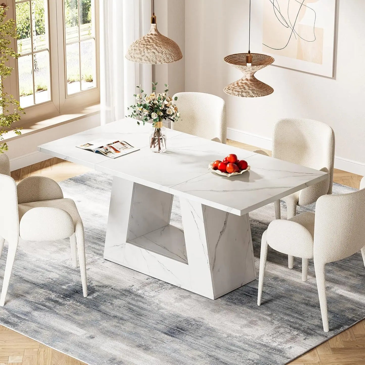 Dining Table for 4 to 6 People, Rectangular Dining Room Table, Dinner Table with Sturdy Base for Kitchen