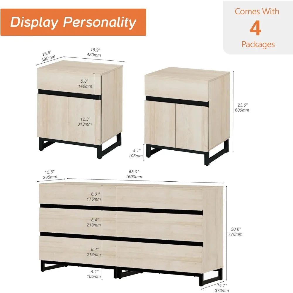 Dresser and Nightstand Set of 3, 63 Inches Dresser with 6 Drawers, 2 Nightstand with Drawer and Cabinet