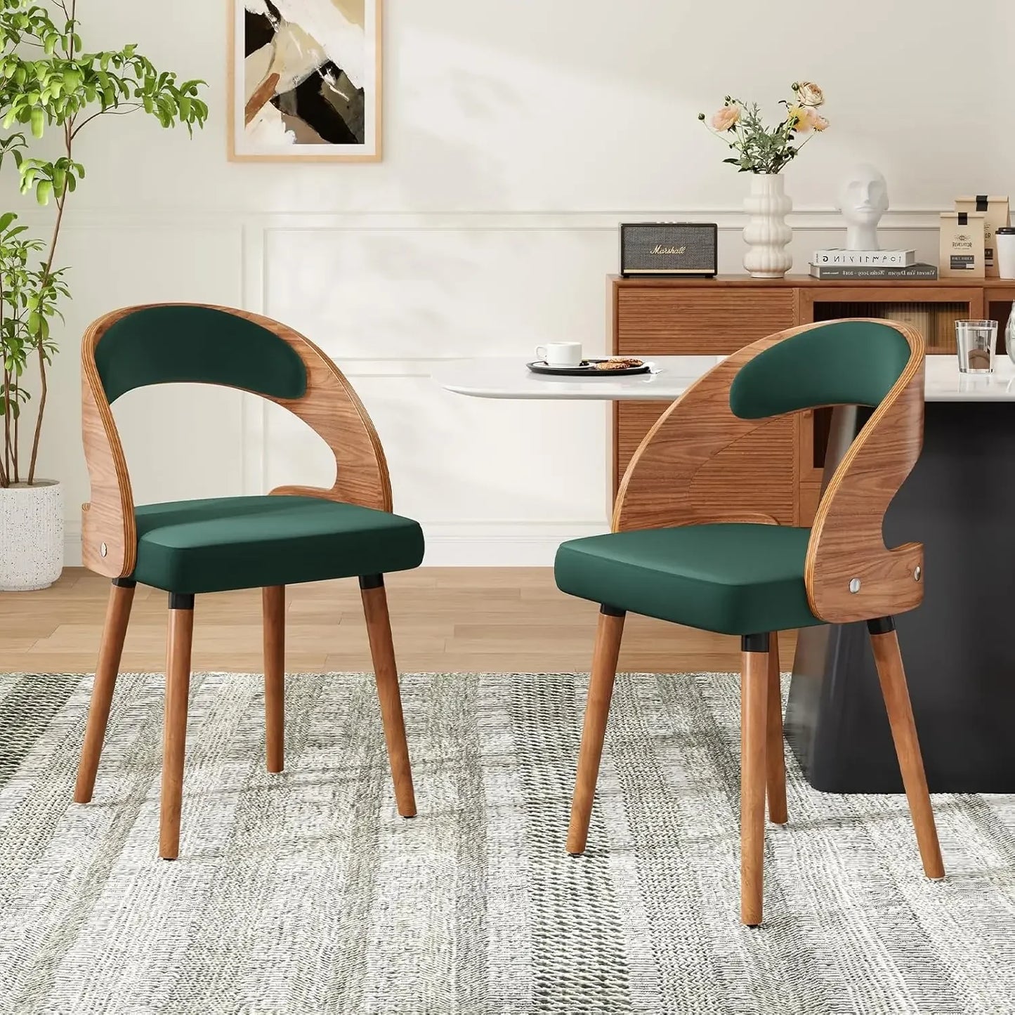 Modern Wood Dining Chairs Set of 4 Upholstered with Curved Backrest for Kitchen Dining Room Living Room