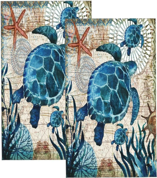 Sea Turtle Hand Towels Set of 2, Ultra Soft and Absorbent for Bathroom or Kitchen
