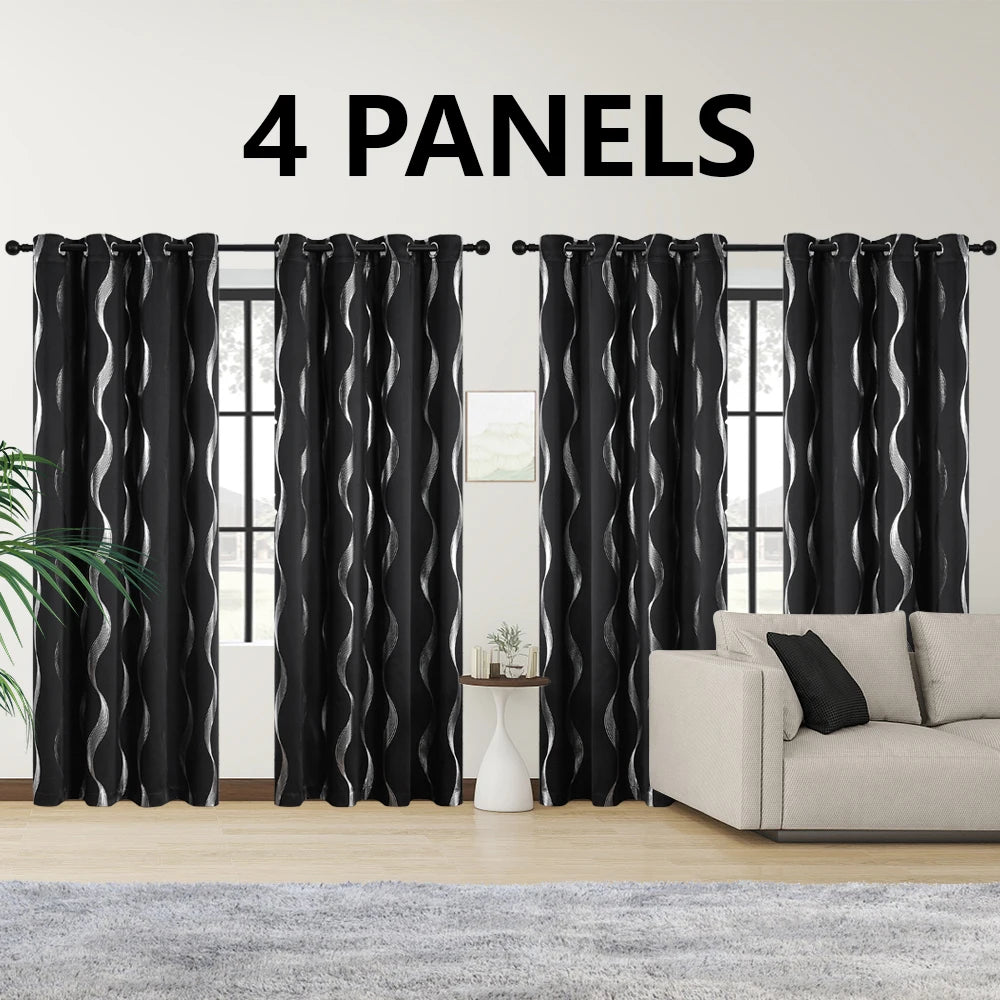 4PCS Blackout Curtains Grommet Thermal Insulated Room Darkening With Wave Foil Printed For Bedroom/Livingroom