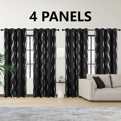 4PCS Blackout Curtains Grommet Thermal Insulated Room Darkening With Wave Foil Printed For Bedroom/Livingroom