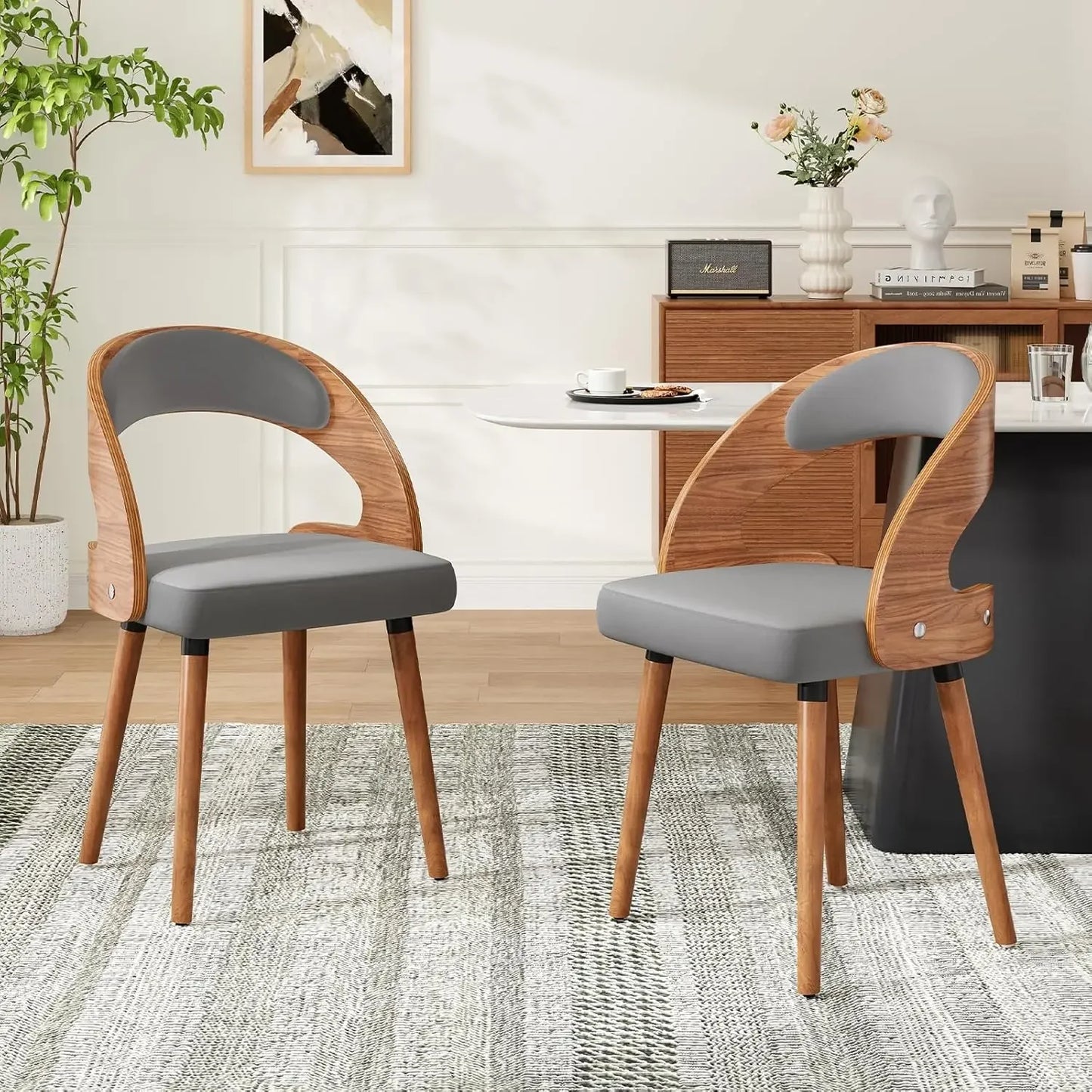 Modern Wood Dining Chairs Set of 4 Upholstered with Curved Backrest for Kitchen Dining Room Living Room