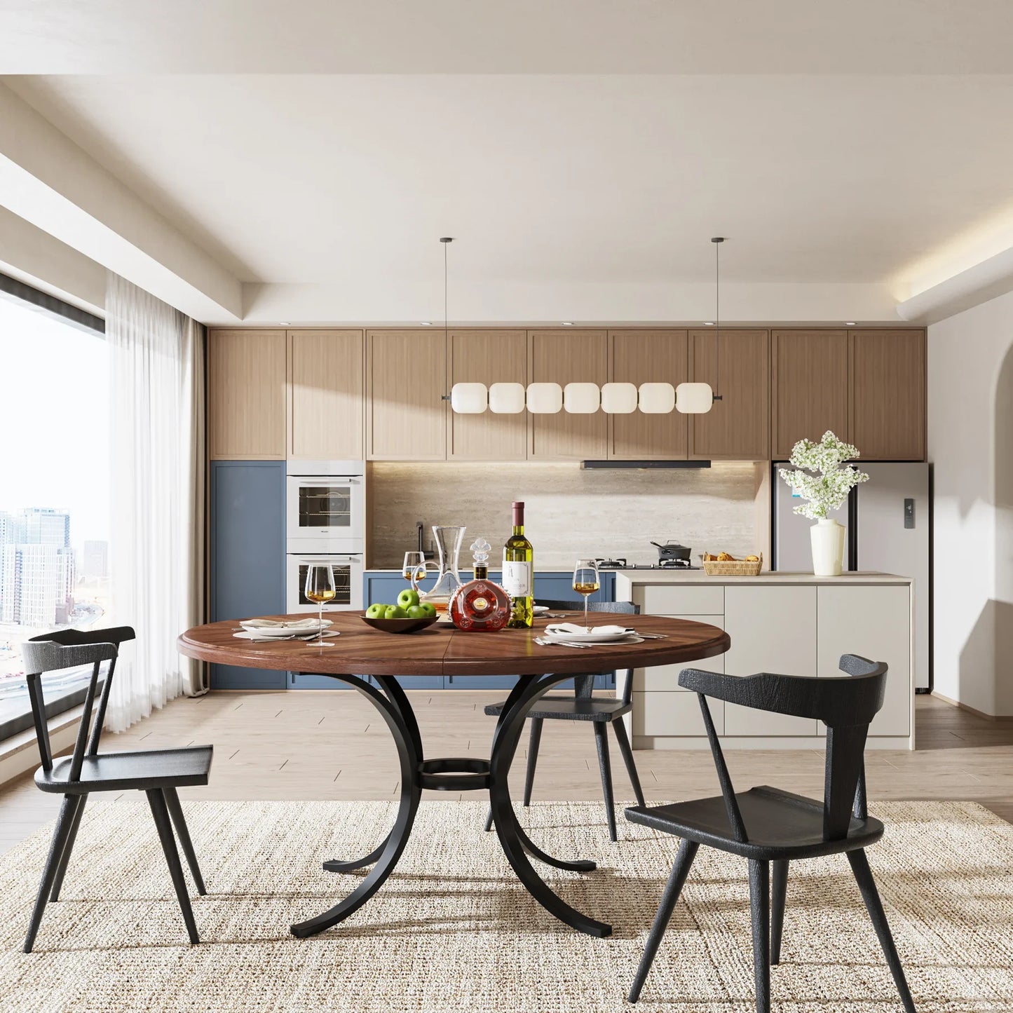 47" Round Dining Table for 4 People, Farmhouse Kitchen Table with Wooden Texture Surface & Pedestal Base, Round Table