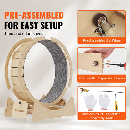 Wooden Cat Exercise Wheel Large Cat Treadmill Wheel for Indoor Cat with Detachable Carpet& Cat Teaser