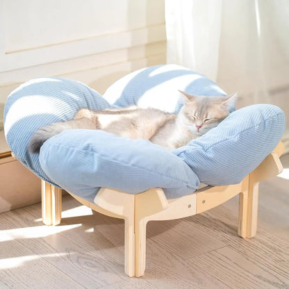 Elevated Cat Bed Wooden With Cushion Fluffy Pet Couch Sofa For Indoor Cats Raised Kitty Lounge Chair