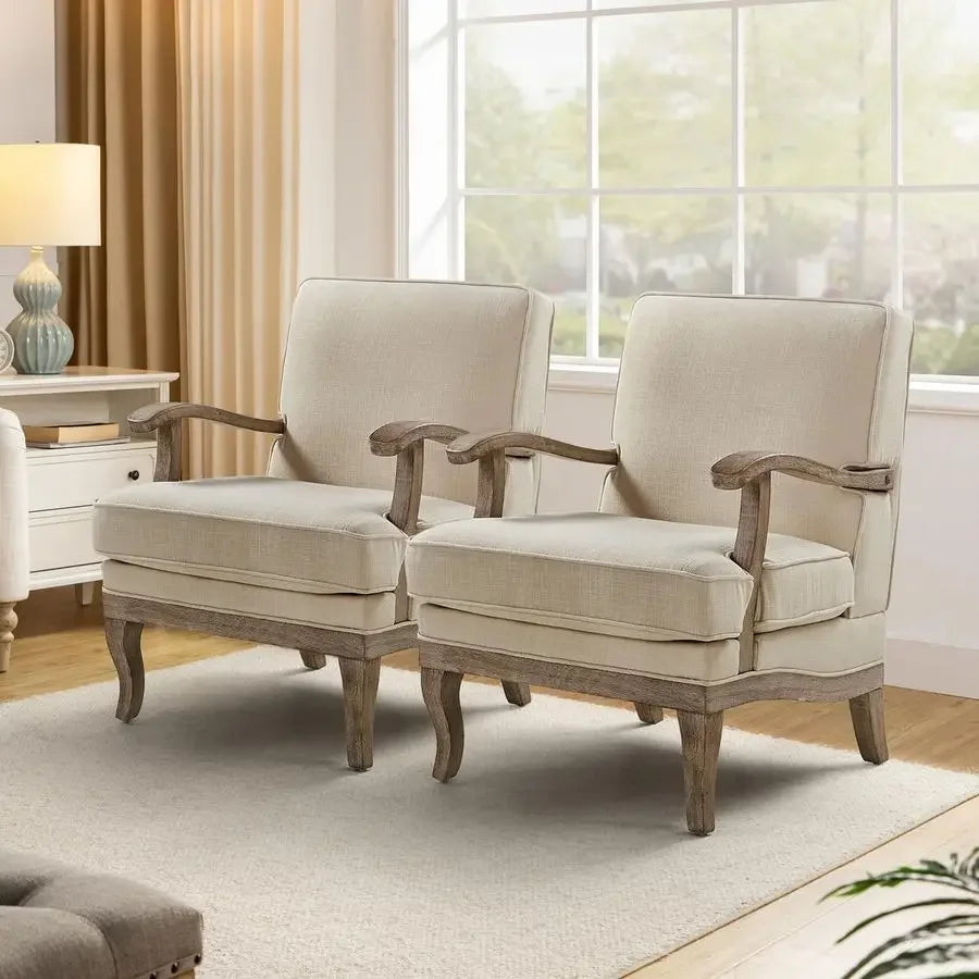 Accent Chairs Set of 2, Upholstered Lounge Arm Chair with Solid Wood Legs and Armrest, Removable Cushion Comf