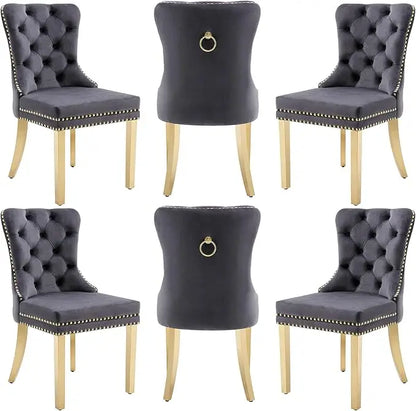 Velvet Dining Chairs Set of 6, Dining Room Chairs with Wood Legs and Pull Ring, Luxury Side Chair
