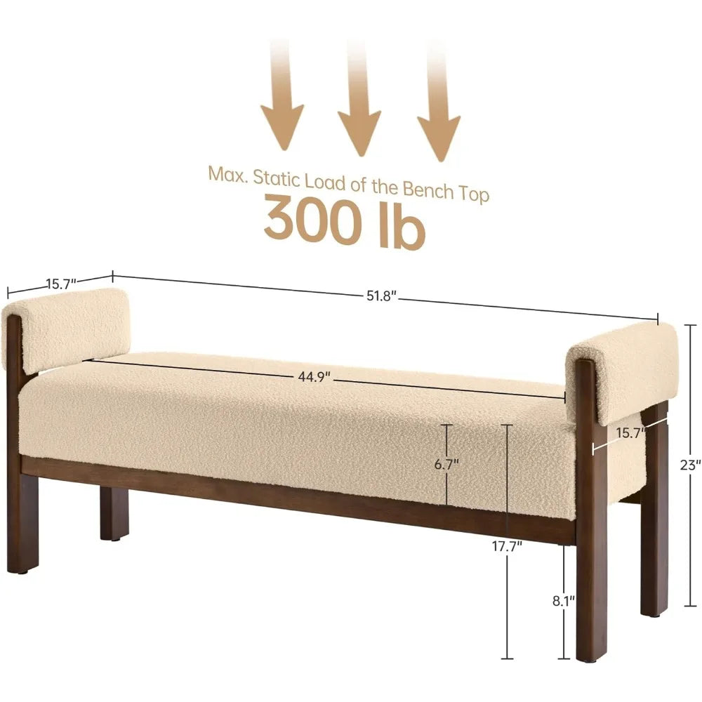 51.8” Modern Upholstered Bedroom Bench Indoor Bench with Arms, Entryway Bench with Solid Wood Frame