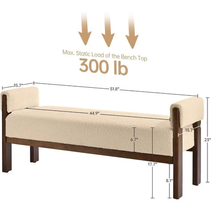 51.8” Modern Upholstered Bedroom Bench Indoor Bench with Arms, Entryway Bench with Solid Wood Frame