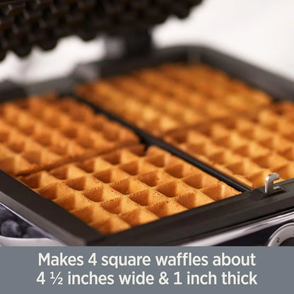 1 Square Belgian Waffle Maker (4-Slice, Silver) – Perfect for Morning Meals, Holiday Brunches; Digital LCD, Audible Alerts