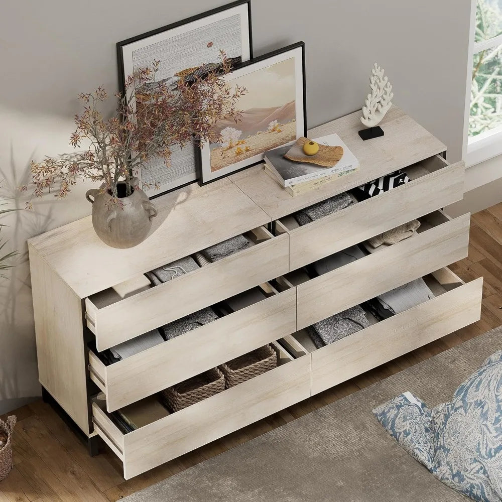 Dresser and Nightstand Set of 3, 63 Inches Dresser with 6 Drawers, 2 Nightstand with Drawer and Cabinet