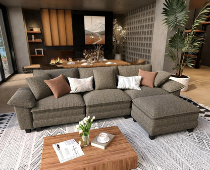 L Shaped Modular Cloud Couch, 123.6'' Comfy Chenille Sectional Sofa with Wider Armrest and Ottoman