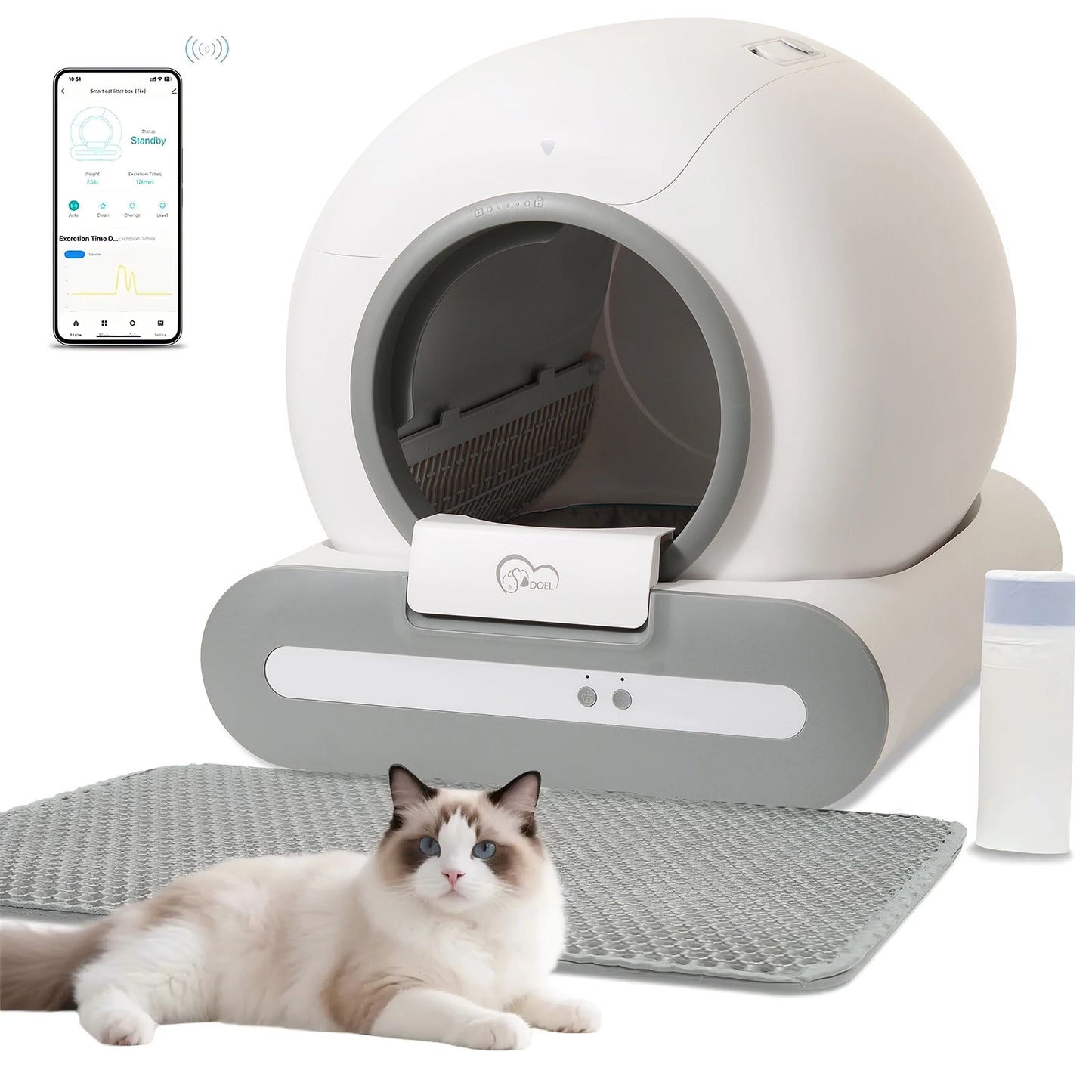 DOEL 65L Self-Cleaning Cat Litter Box App Control, ONLY Supports 2.4G WiFi w/Litter Mat & Trash Bags,