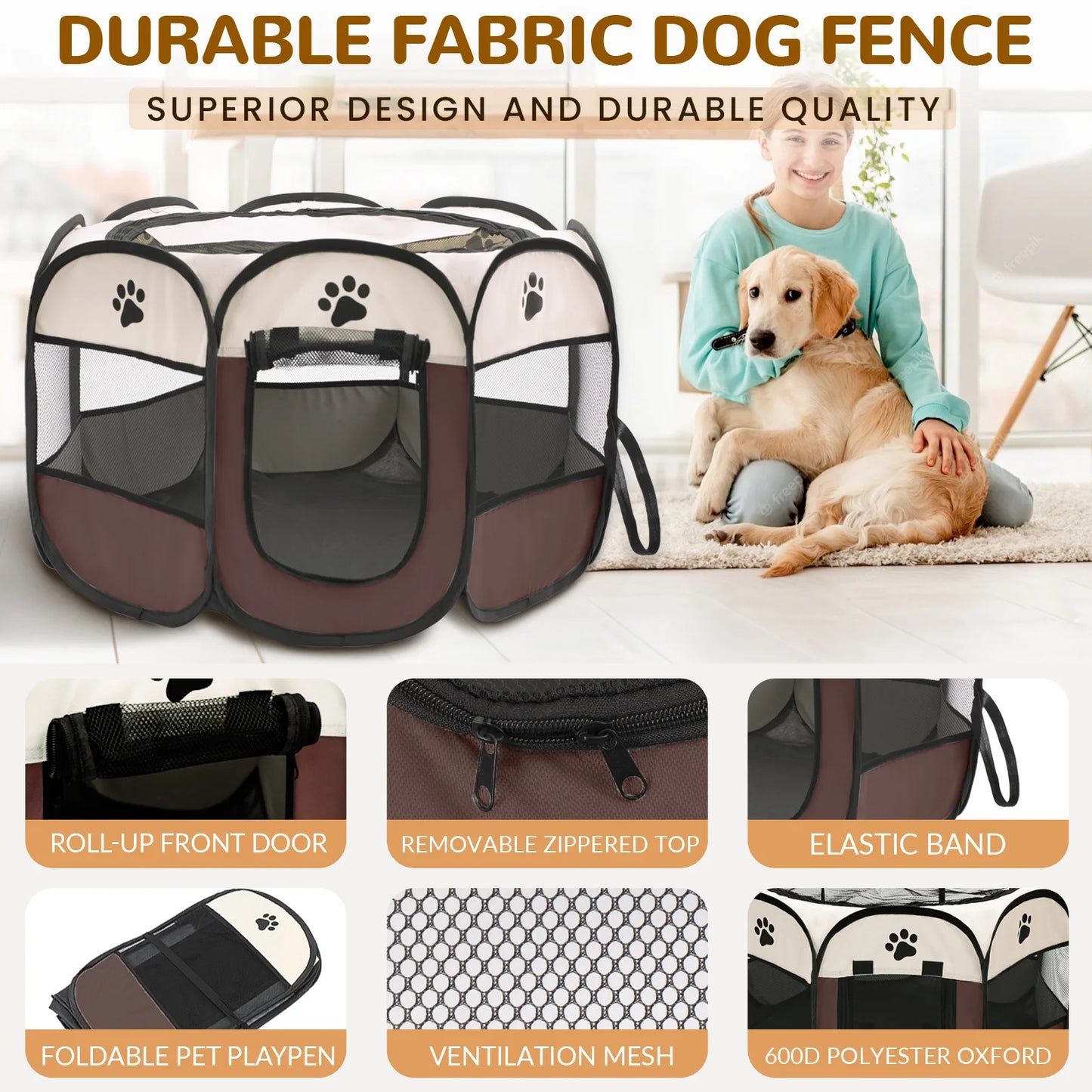 Foldable Pet Playpen for Dogs & Cats - Durable Oxford Cloth with Removable Zipper, Indoor/Outdoor