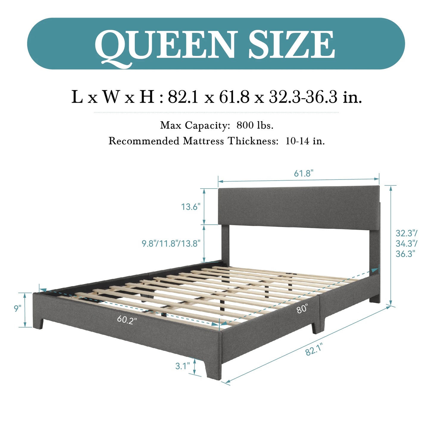 Full/Queen/King Upholstered Bed Frame with Adjustable Linen Headboard, Sturdy Wood Slats