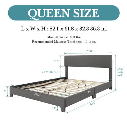 Full/Queen/King Upholstered Bed Frame with Adjustable Linen Headboard, Sturdy Wood Slats