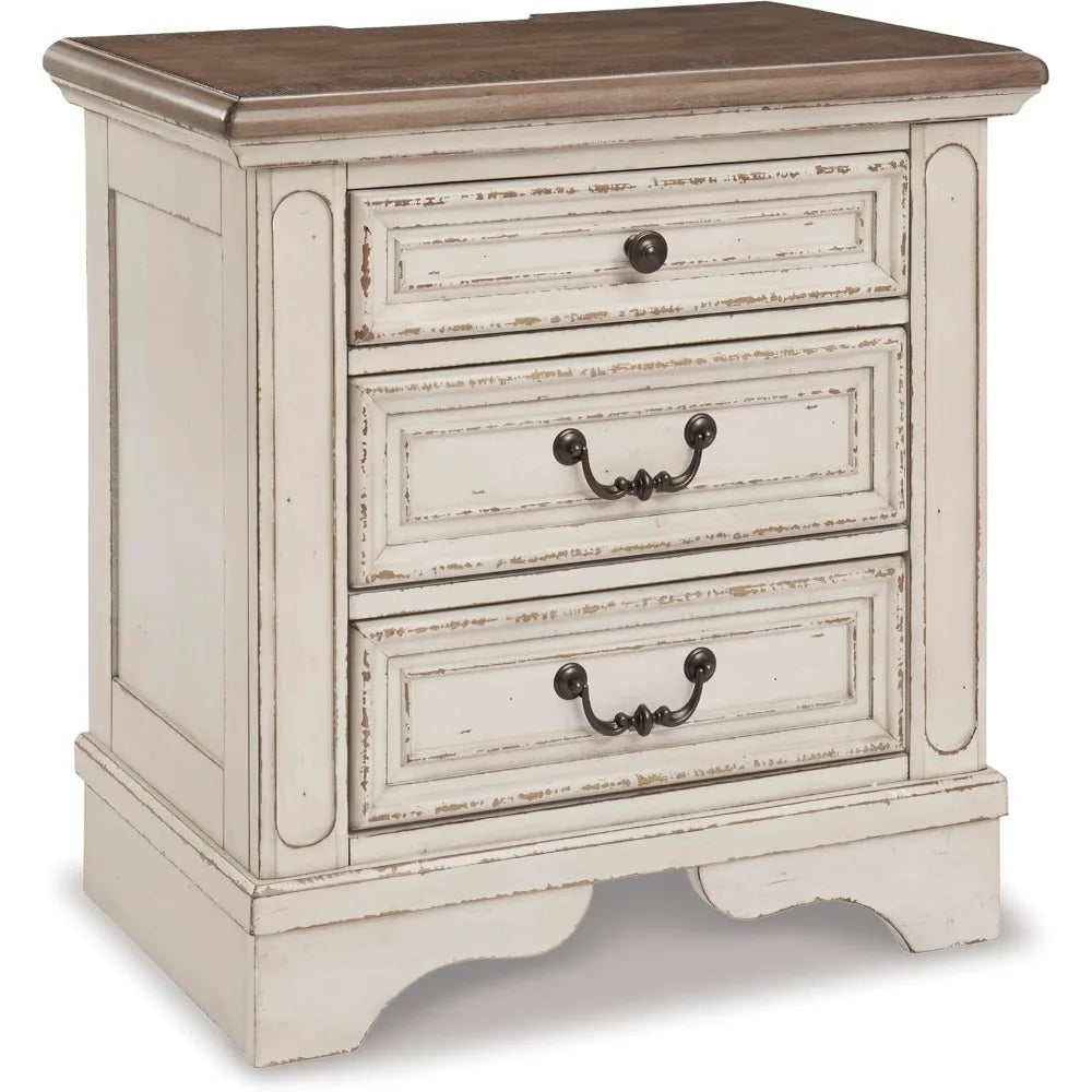 Realyn French Country 3 Drawer Nightstand with Electrical Outlets & USB Ports, 27.75" Tall
