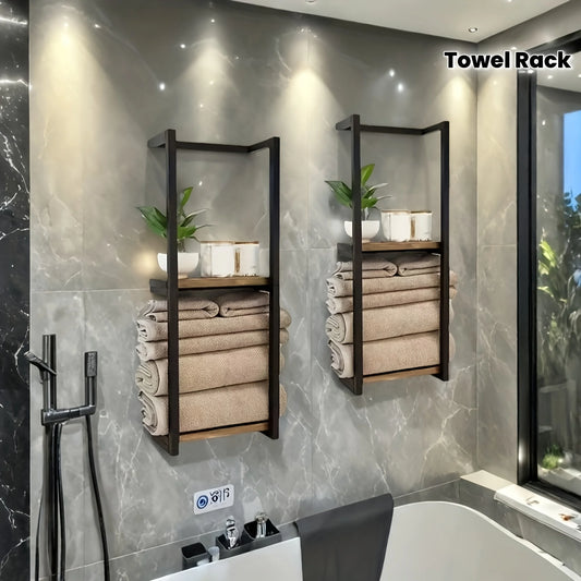 2-layer carbon steel wall-mounted towel rack, French country style bathroom storage rack