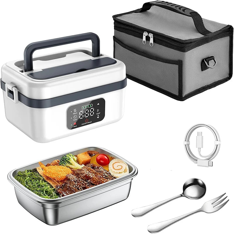 Automatic Heating Lunch Box, 1L Portable Food Warmer with Fork and Spoon and Insulated Carrying Bag