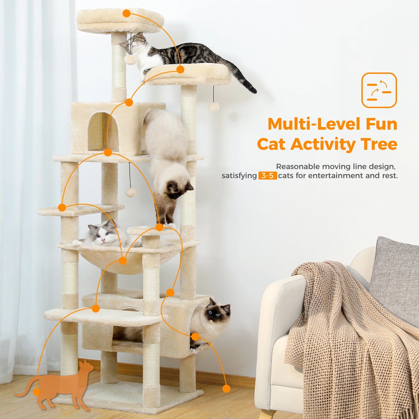 Large Cat Tree and Tower, With Scratching Posts Spacious Hammock Padded Perches and Condos Cat Toys
