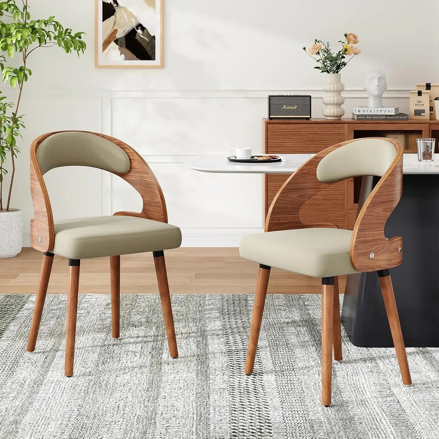 Modern Wood Dining Chairs Set of 4 Upholstered with Curved Backrest for Kitchen Dining Room Living Room