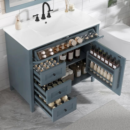 36" Free Standing Bathroom Vanity with Sink, Tip-Out Drawer & 3 Drawers & 2 Doors, Wood Cabinet with Ceramic Basin