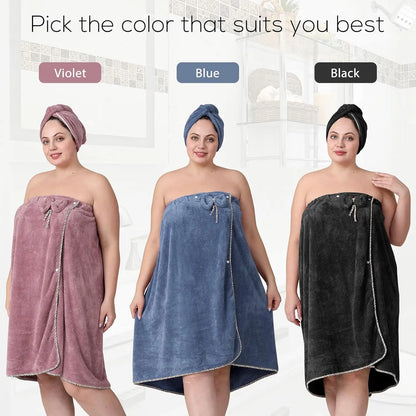 Adjustable Plus Size Towel Wrap with Hair Towel, Spa Bath Dress Black (XXL-XXXXL)