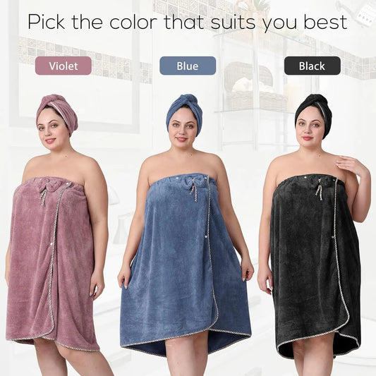 Adjustable Plus Size Towel Wrap with Hair Towel, Spa Bath Dress Black (XXL-XXXXL)