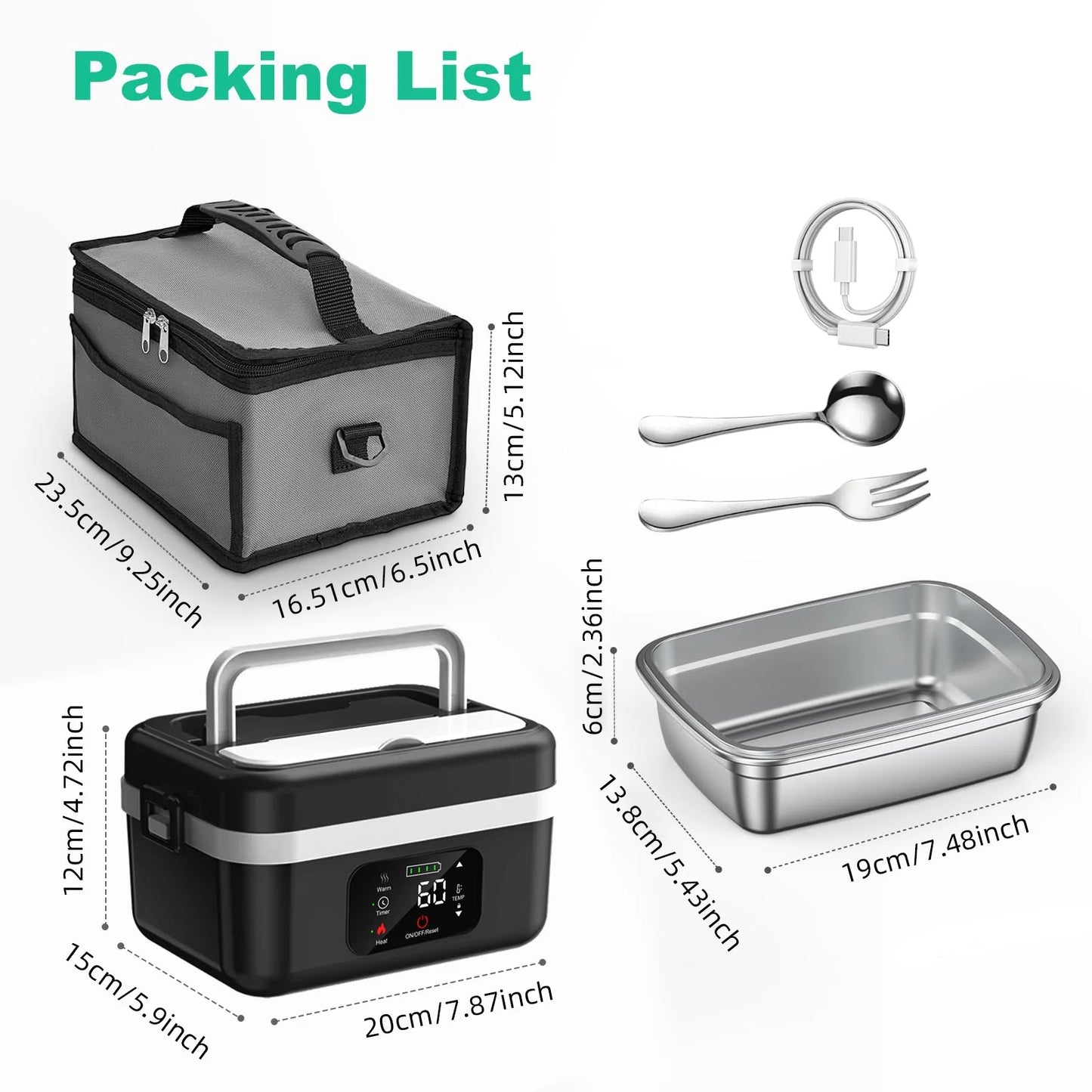 Automatic Heating Lunch Box, 1L Portable Food Warmer with Fork and Spoon and Insulated Carrying Bag
