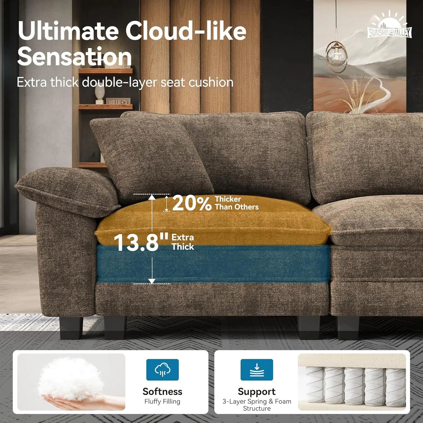 L Shaped Modular Cloud Couch, 123.6'' Comfy Chenille Sectional Sofa with Wider Armrest and Ottoman