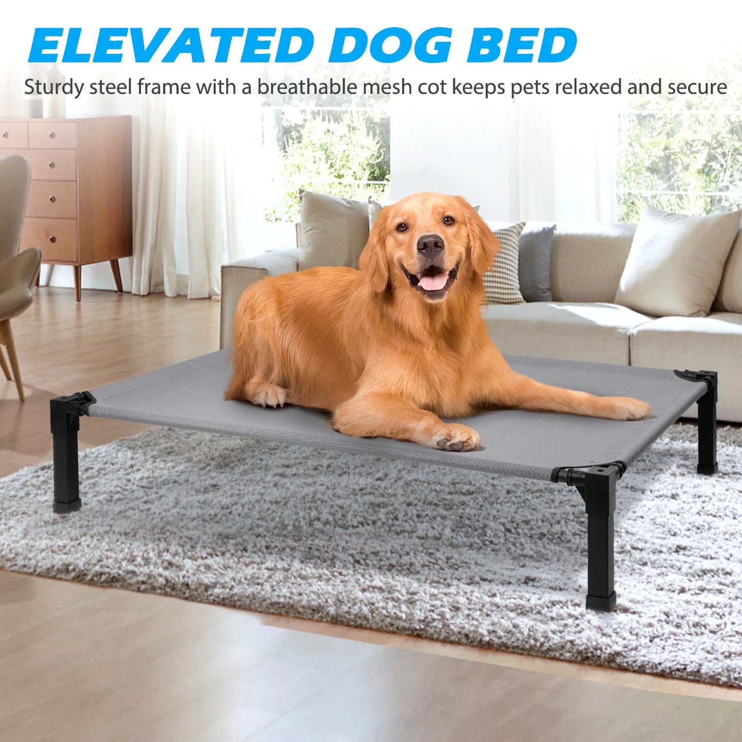 Cooling Raised Pet Cot with Chew Proof Washable Breathable Mesh and Metal Frame, Portable Dog Cot Bed