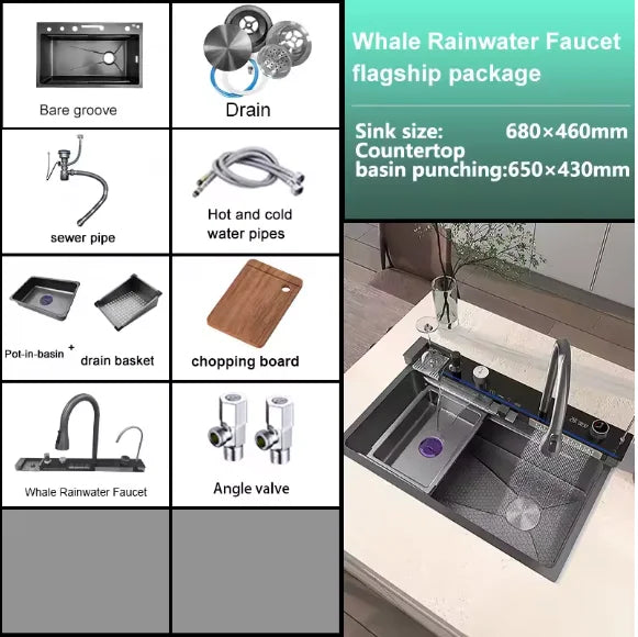Digital fly rain waterfall sink embossed stainless steel large single sink kitchen black washbasin
