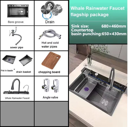 Digital fly rain waterfall sink embossed stainless steel large single sink kitchen black washbasin