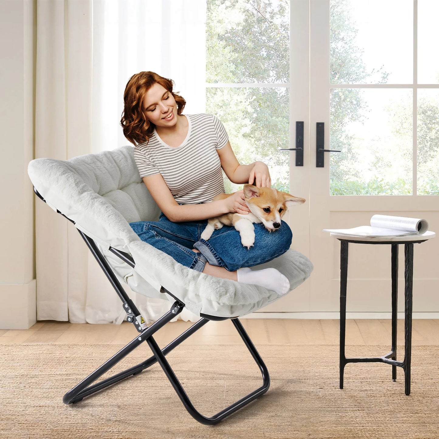 JHK 28IN Cozy Saucer Chairs Soft Faux Fur Large Size Folding Lounge Living Room Padded Seat Metal Frame