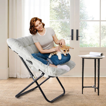 JHK 28IN Cozy Saucer Chairs Soft Faux Fur Large Size Folding Lounge Living Room Padded Seat Metal Frame
