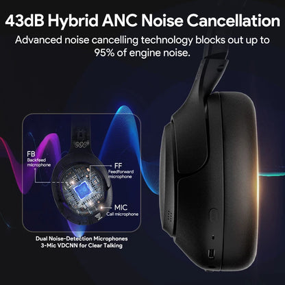 Wireless Headphones Bluetooth 5.4 Hi-Res Audio Over Ear Headset 43dB Hybrid Active Noise Cancellation Earphones