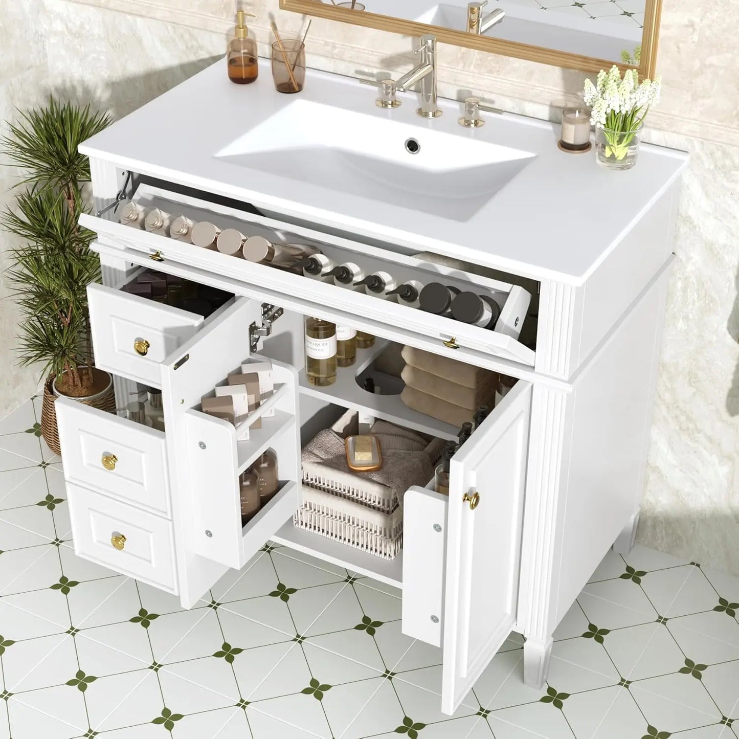 36" Free Standing Bathroom Vanity with Sink, Tip-Out Drawer & 3 Drawers & 2 Doors, Wood Cabinet with Ceramic Basin